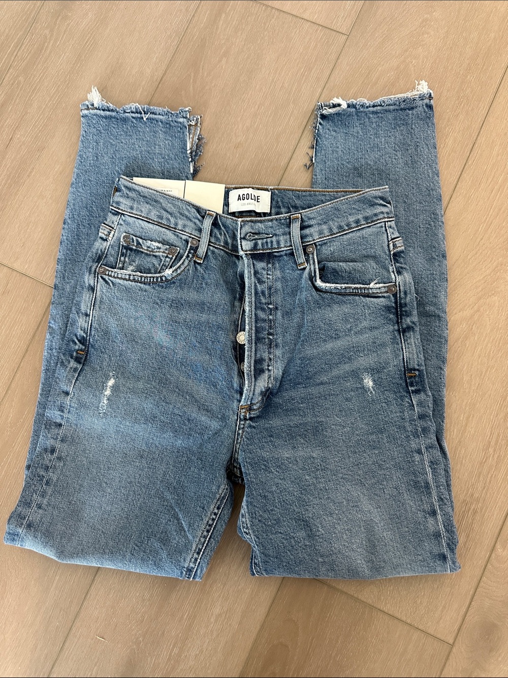 Agolde Women’s Slim Straight Jeans - Medium Blue Distressed NWT